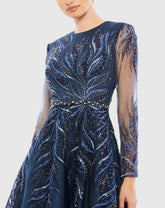 Navy Embellished Tea-Length Illusion Cocktail Dress